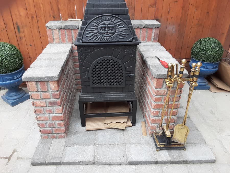 Brick and block surround for a cast iron chiminea